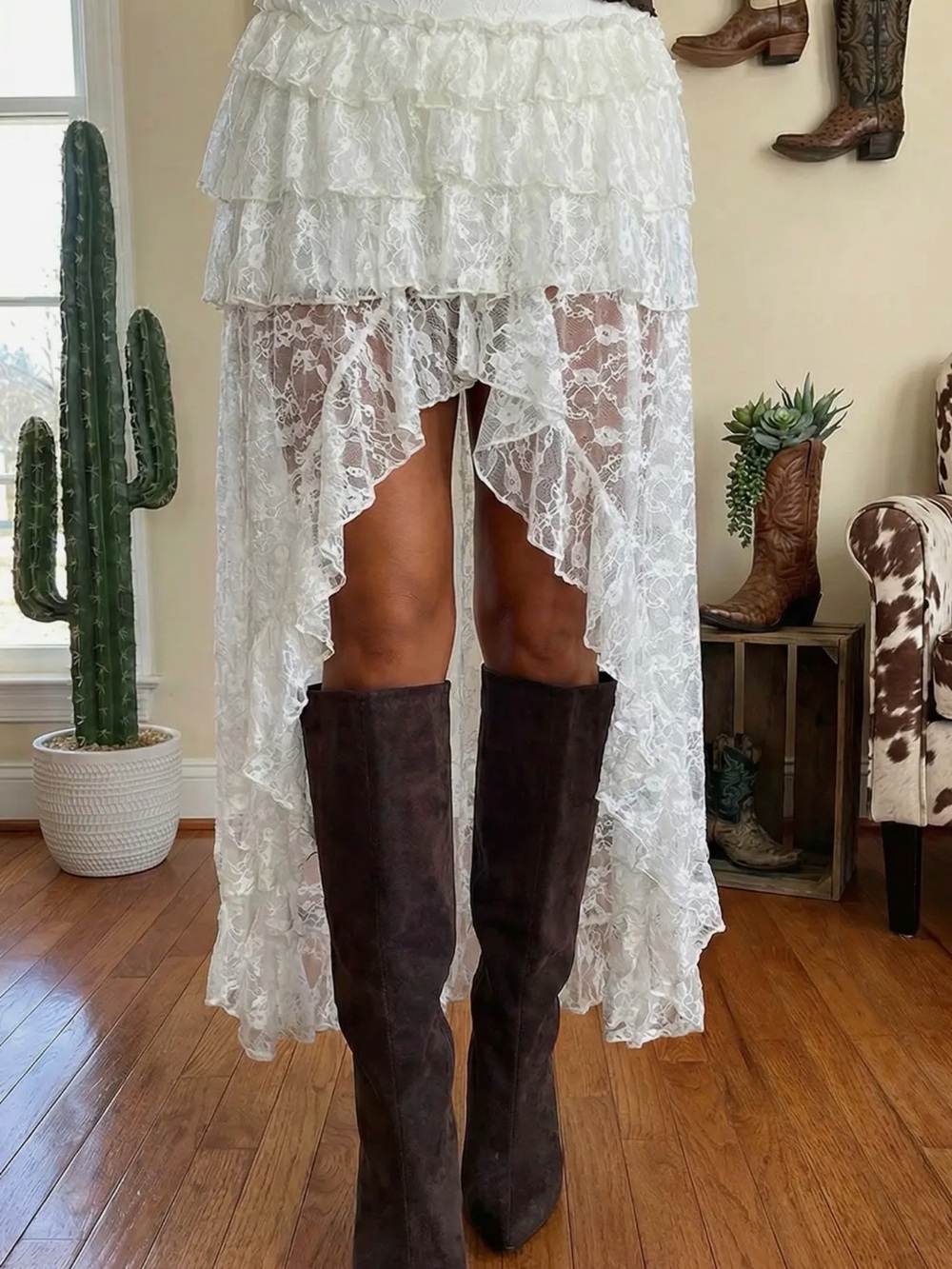 White Lace High-Low Ruffle Skirt